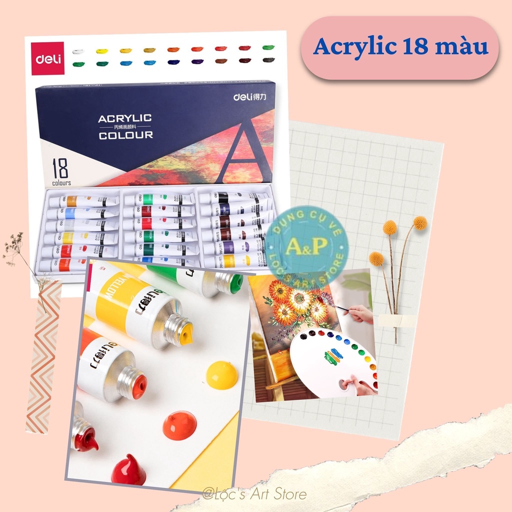 [Lộc's Art Store] Bộ Màu ACRYLIC Vẽ Vải / Áo / Giày / Tường Cao Cấp DELI Dạng Tuýp 12ML  (Bộ 12/18/24 Màu)