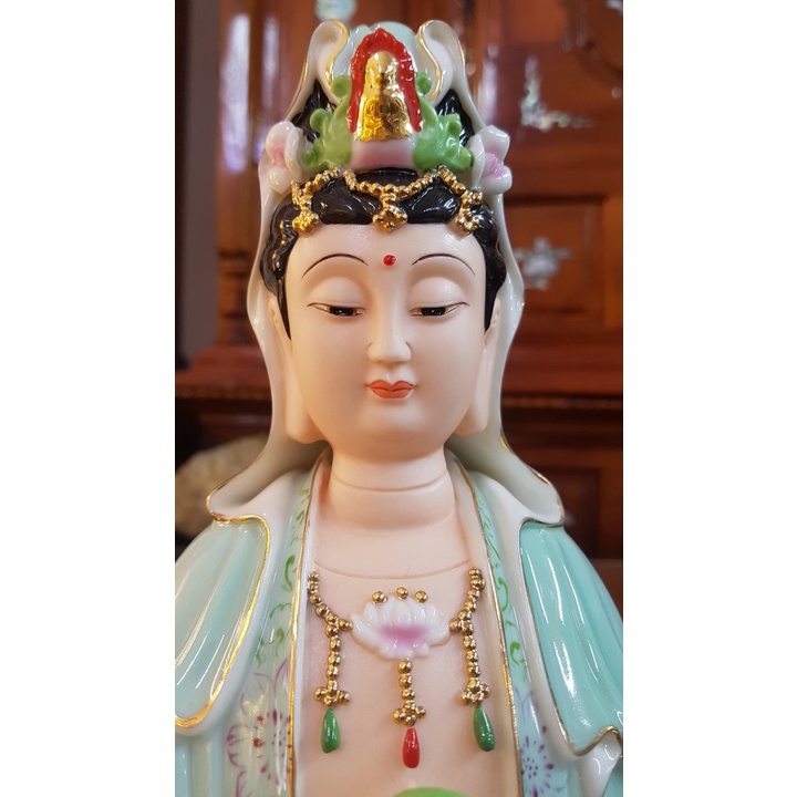 Tượng Quan Âm Bồ Tát màu xanh vẽ gấm thủ công