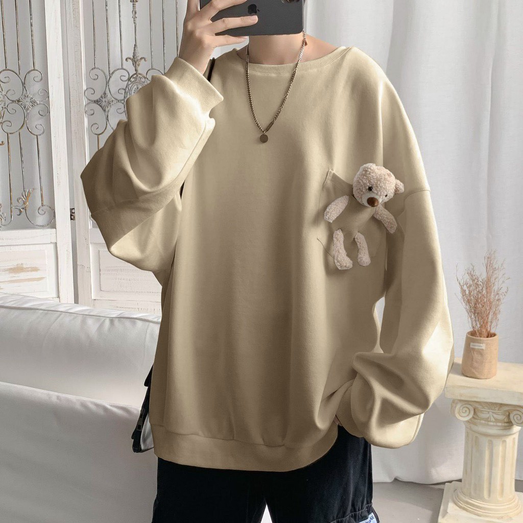 &lt;FREE SHIP&gt; ÁO NỈ SWEATER TAY DÀI DÀY DẶN Y MẪU PHỐI TÚI GẤU