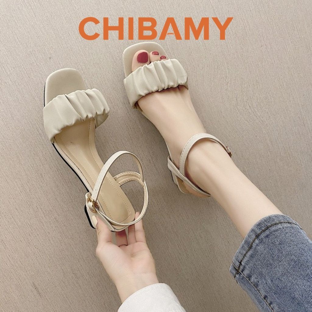 Dép sandal nữ đế vuông cao 3 phân quai nhăn CHIBAMY chất da mềm mịn