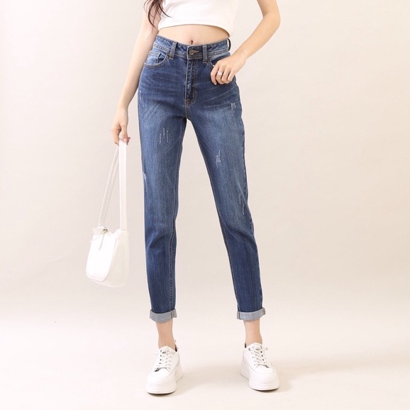 Quần jean nữ boyfriend baggy xước 9 tấc co giãn CT JEANS