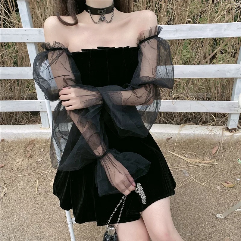 Beryl🌻Đầm🍄Váy tay phồng nữ mới Váy lưới trễ vai gợi cảm màu đen