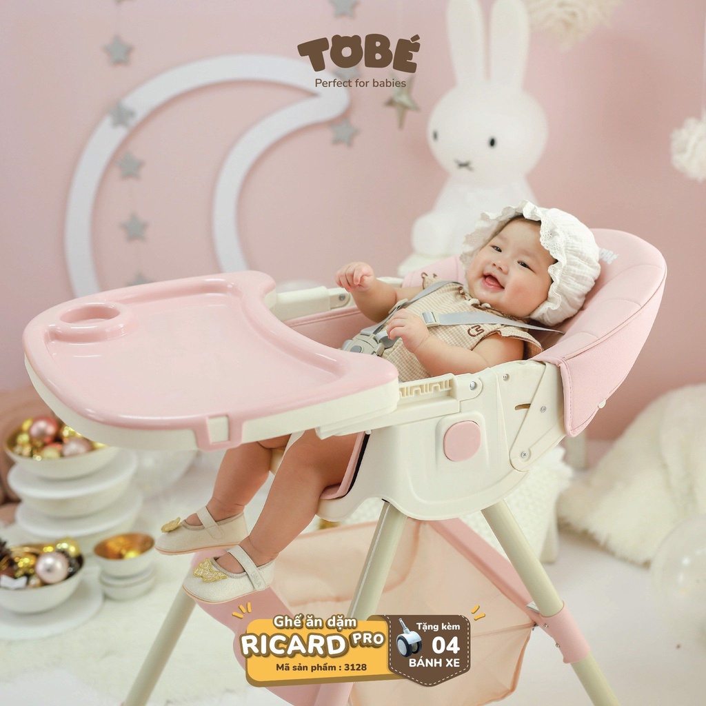 Ghế Ăn Dặm Cho Bé Ricard Pro Trơn Pastel TOBÉ Thiết Kế Khay Ăn Kép Điều Chỉnh, 3 Cấp Độ, Có Thể Gấp Gọn