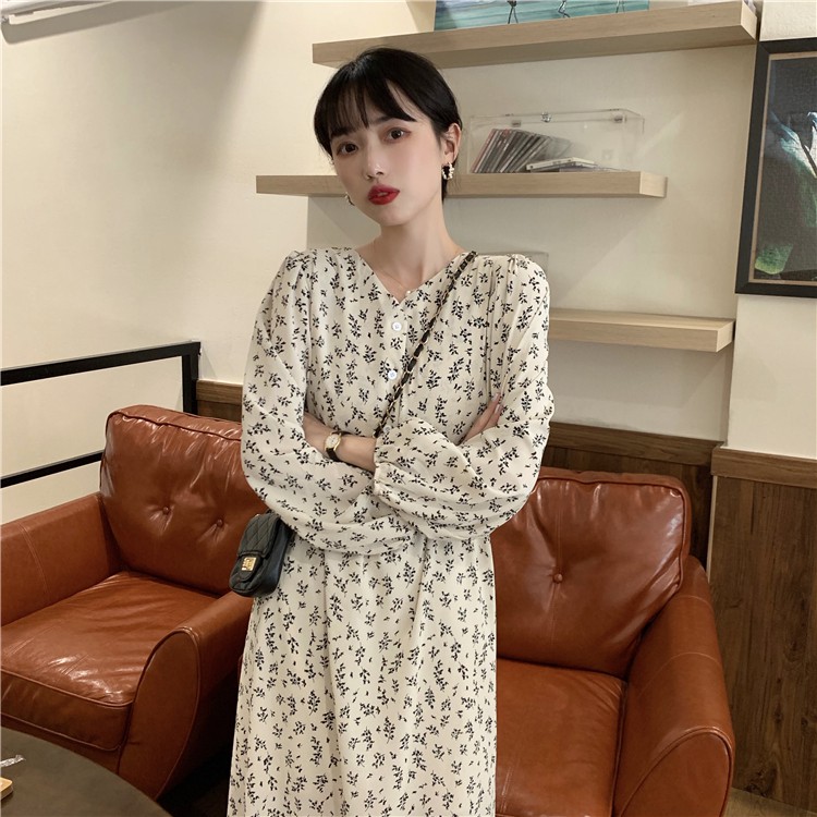 ✨HOT✨ Váy đầm liền midi hoa nhí dáng dài eo chun vải voan 2 lớp cổ V cúc ngực ulzzang Hàn Quốc l1