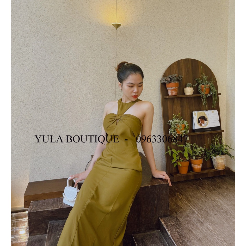Đầm maxi cổ yếm xanh rêu, váy cổ yếm nơ ngực hàng loại 1 ( ảnh thật)
