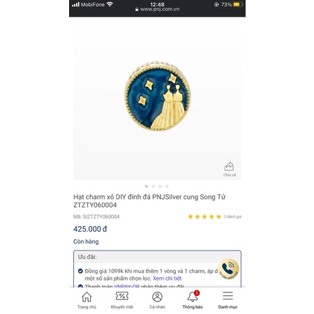 Charm bạc PNJ chính hãng hình cung song tử