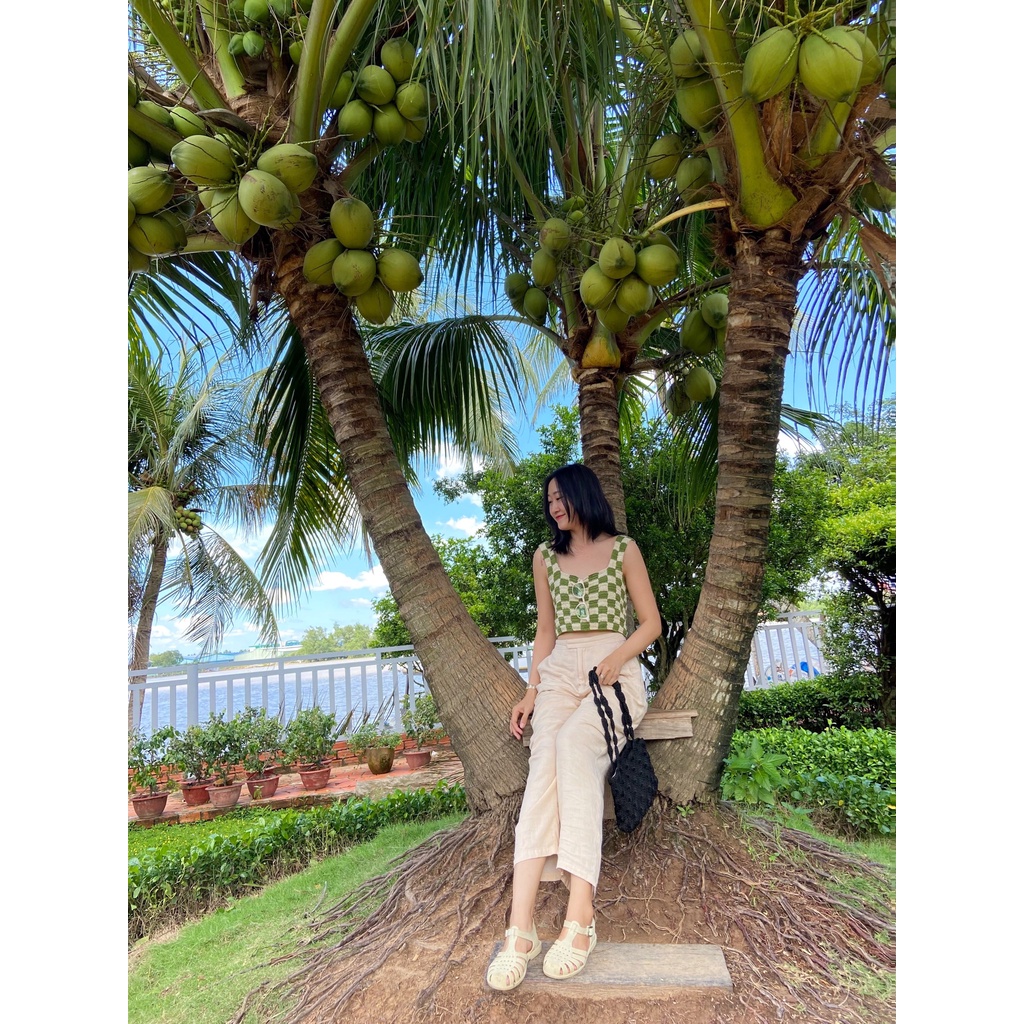 Áo len croptop hai dây  - handmade HỌA TIẾT CARO SIÊU HOT