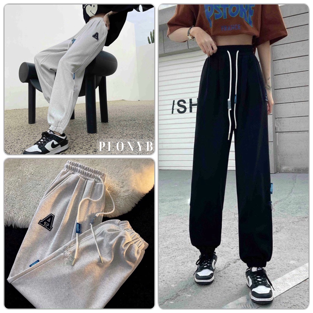 Quần Nỉ Ống Boom Thêu Chữ A PEONYB Unisex [FREESHIP] Culottes suông ống rộng đường phố kiểu dáng hàn quốc đẹp