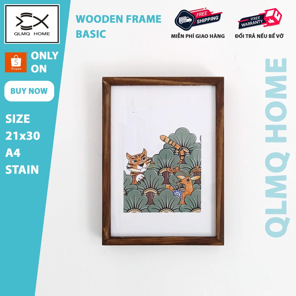 Khung ảnh gỗ Basic A4 21x30 Stain nâu - Khung hình gỗ thông mặt kính treo tường để bàn Wooden Frame QLMQ Home