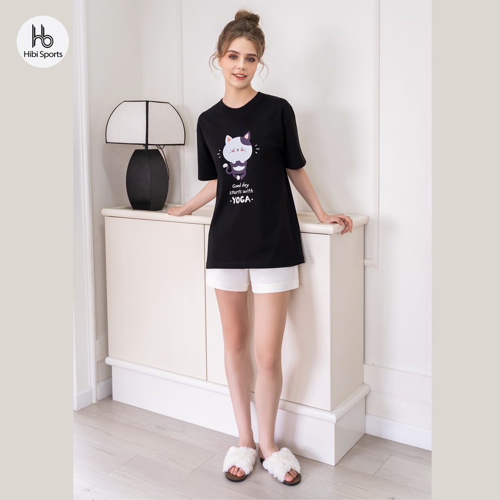 Áo thun tay lỡ Hibi Sports YOGA CAT ST005 kiểu phông unisex nam nữ, vải cotton Premium, form oversize