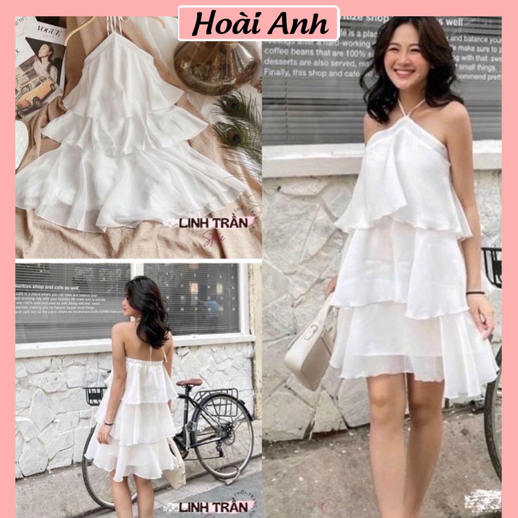 Váy Yếm Nữ Đầm Yếm Trắng Nữ 3 Tầng Dáng Xòe Hở Vai Chất Voan Tơ Freesize