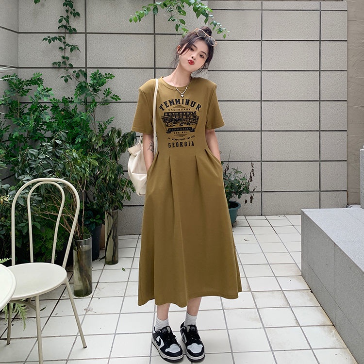 Đầm Thun Dài Qua Gối Dáng Rộng In Họa Tiết Chữ Phong Cách Mỹ Cổ Điển Thời Trang Cho Nữ