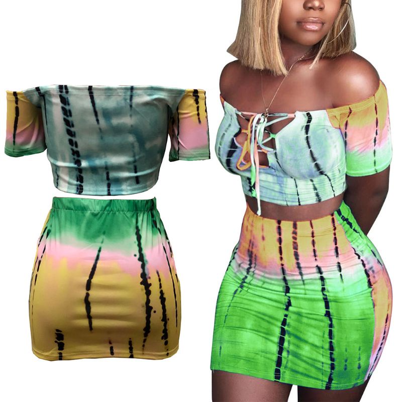 Xiangbao Bộ Trang Phục 2 Mảnh Hở Vai Phối Ren Họa Tiết Màu Nhuộm Gợi Cảm Mùa Hè Cho Nữ