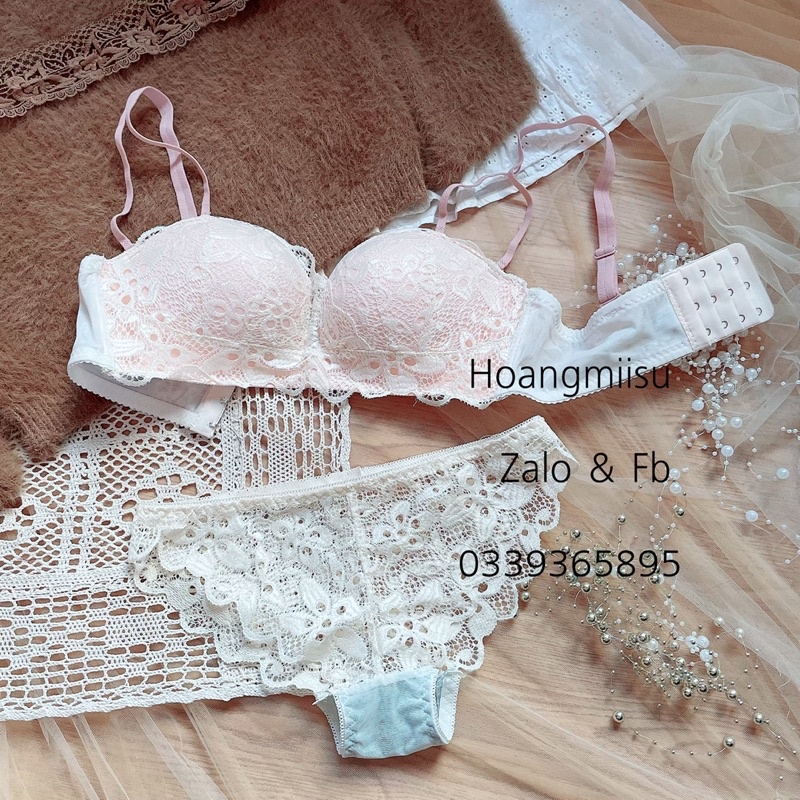 Bộ đồ lót nữ ren cao cấp CharmAiry Áo ngực không gọng quả ngang đệm nâng ngực bàn tay hoa nổi