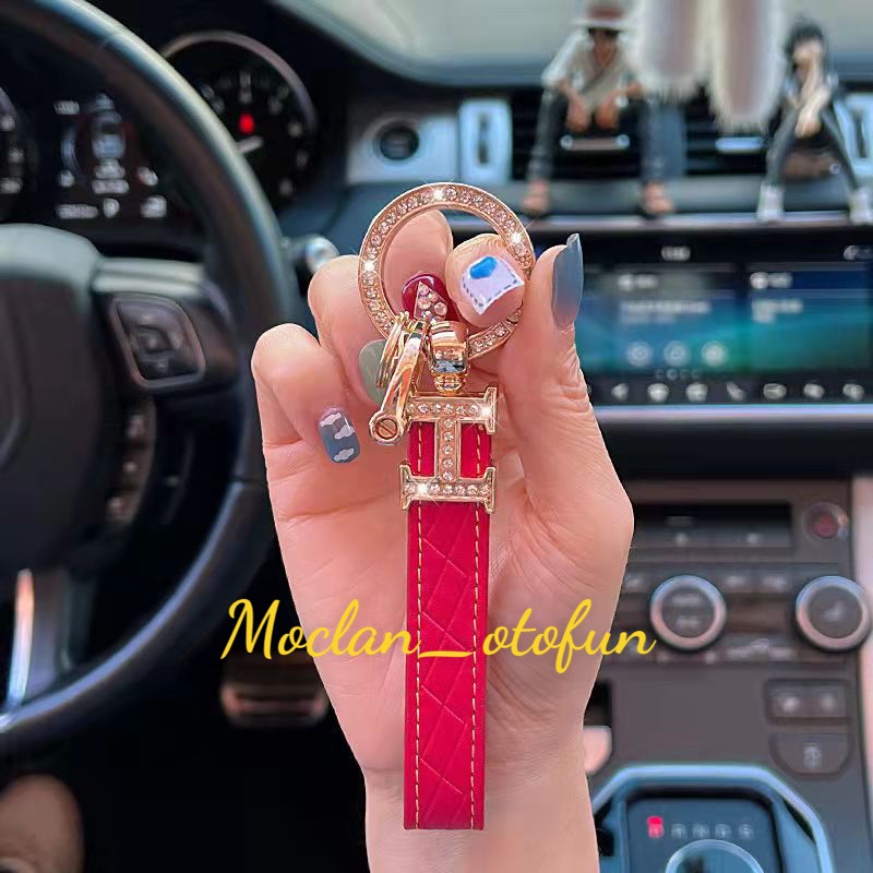 Móc khóa da chữ H Hermes đính đá cao cấp nhiều màu cho ô tô xe máy