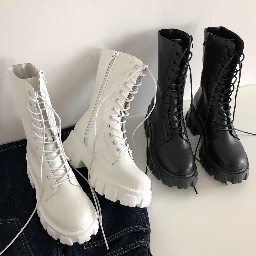 Giày bốt ulzzang cao cổ 20cm buộc dây kéo khóa đế cao 5.5cm màu đen cá tính