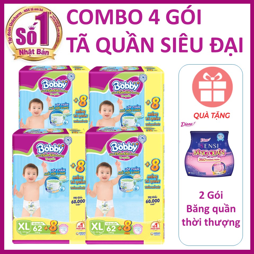 Combo 4 tã quần Bobby Siêu cực đại  tặng thêm 8 miếng và 1 bộ băng quần Diana cao cấp hoặc túi Downy 560ml
