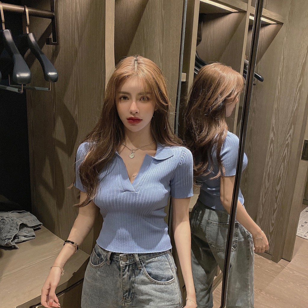 Áo croptop dệt kim tay ngắn thiết kế cổ chữ V khoét sâu gợi cảm
