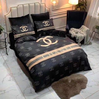 Bộ Chăn Ga Gối Nỉ Nhung Thương Hiệu Chanel )(