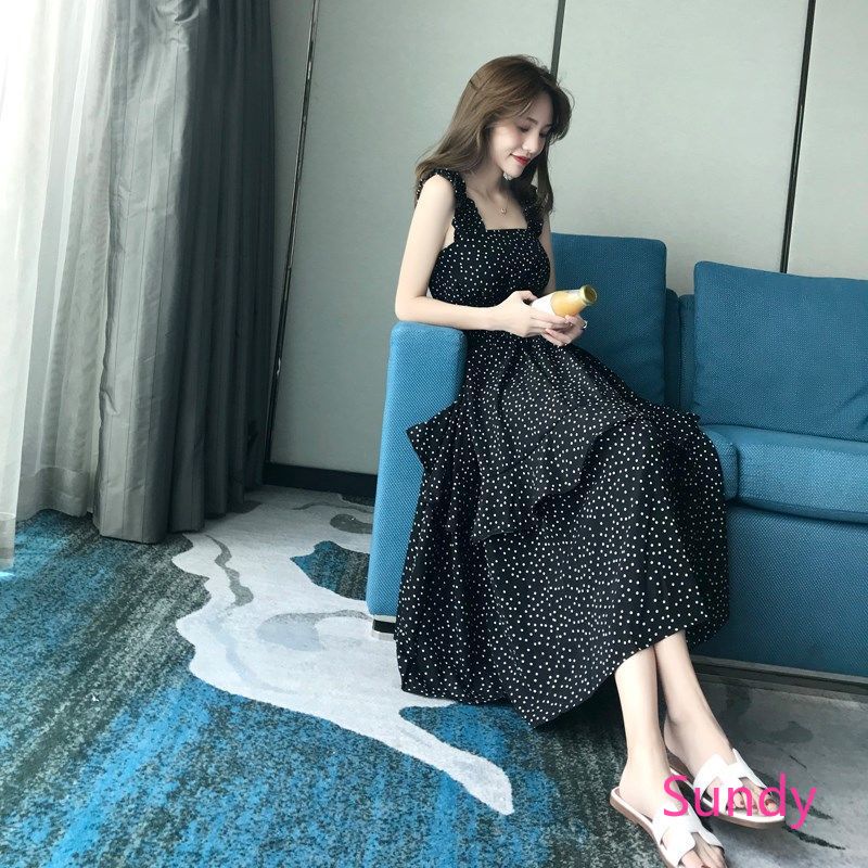 Đầm hai dây cổ vuông phong cách retro hàn quốc cho nữ