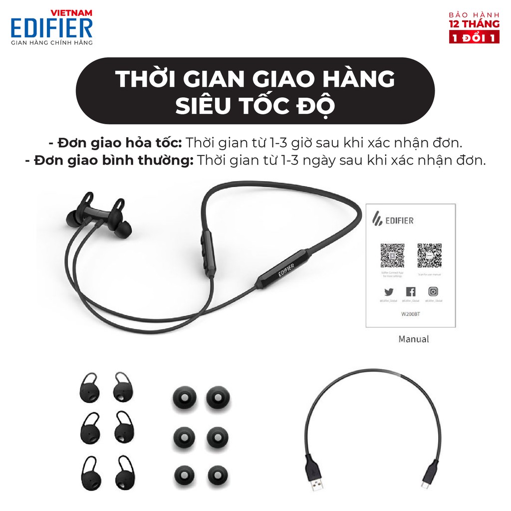 Tai nghe Bluetooth 5.1 EDIFIER W200BT Plus Âm thanh Stereo Chống nước IPX5 - Hàng chính hãng - Bảo hành 12 tháng 1 đổi 1