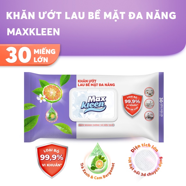 Khăn Ướt  Maxkleen Lau Bề Mặt Đa Năng 30 Miếng/ Bịch