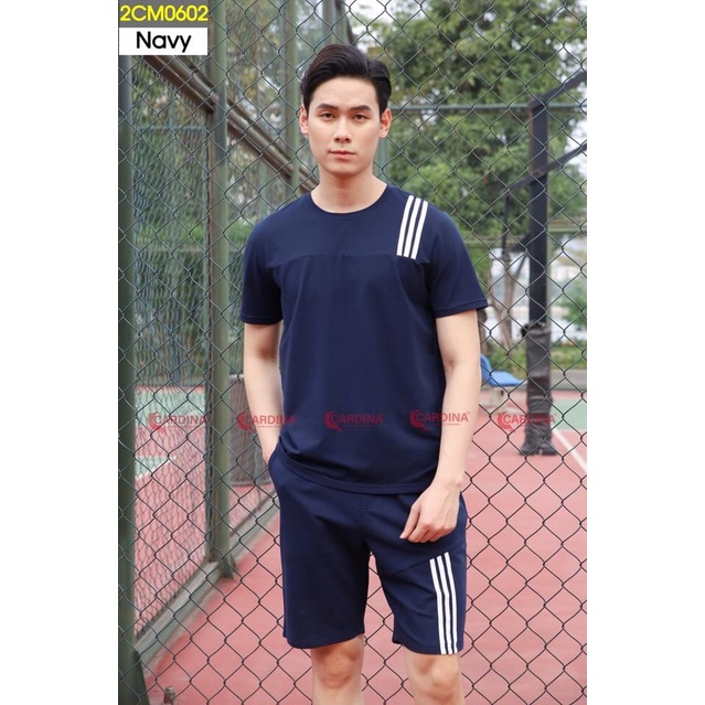 Đồ bộ nam mặc nhà cao cấp CARDINA chất cotton kiểu dáng thể thao  áo cộc tay quần đùi sọc nam mát mẻ  2CM06