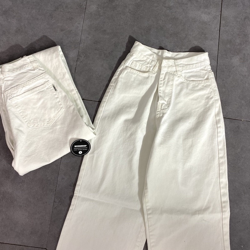 Quần jean nữ ống rộng lưng cao màu trắng trơn chất KAKI Hot trend H.N.M STORE