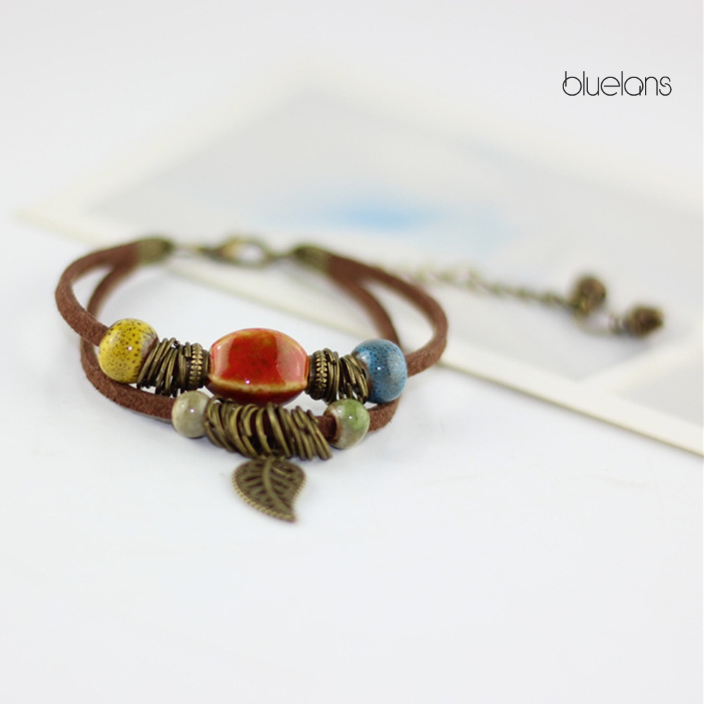 Vòng Tay Da Hai Lớp Đính Hạt Gốm Và Lá Phong Cách Bohemian