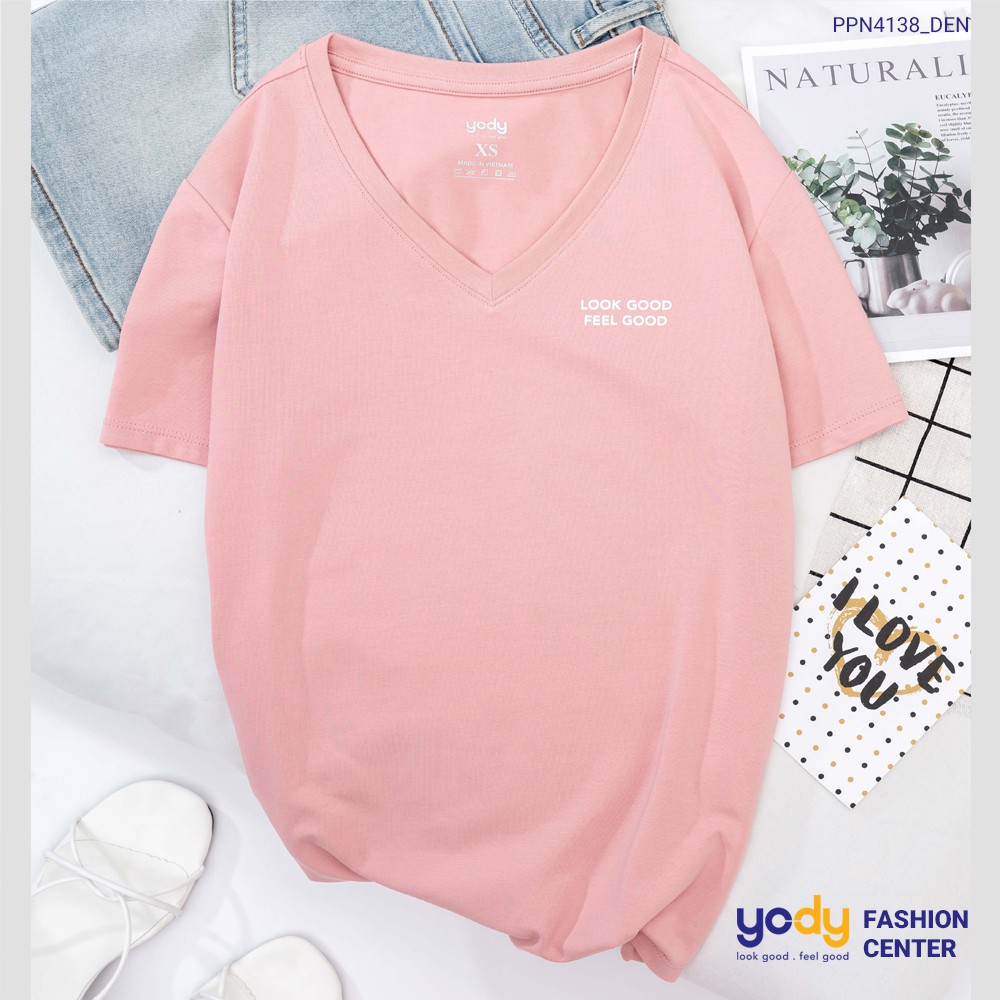 Áo phông nữ YODY cổ tim form rộng vải cotton thoáng mát PPN4138 | BigBuy360 - bigbuy360.vn