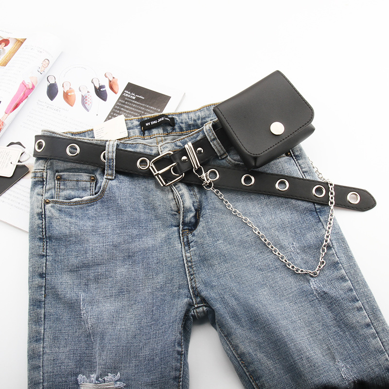 Thắt lưng phối dây xích khóa ghim màu đen phong cách punk thời trang Hàn Quốc 22580