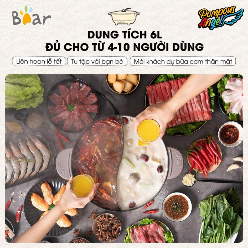 Nồi lẩu uyên ương hai ngăn Bear - Bản quốc tế , dùng cho gia đình lớn nhiều người , tiện lợi