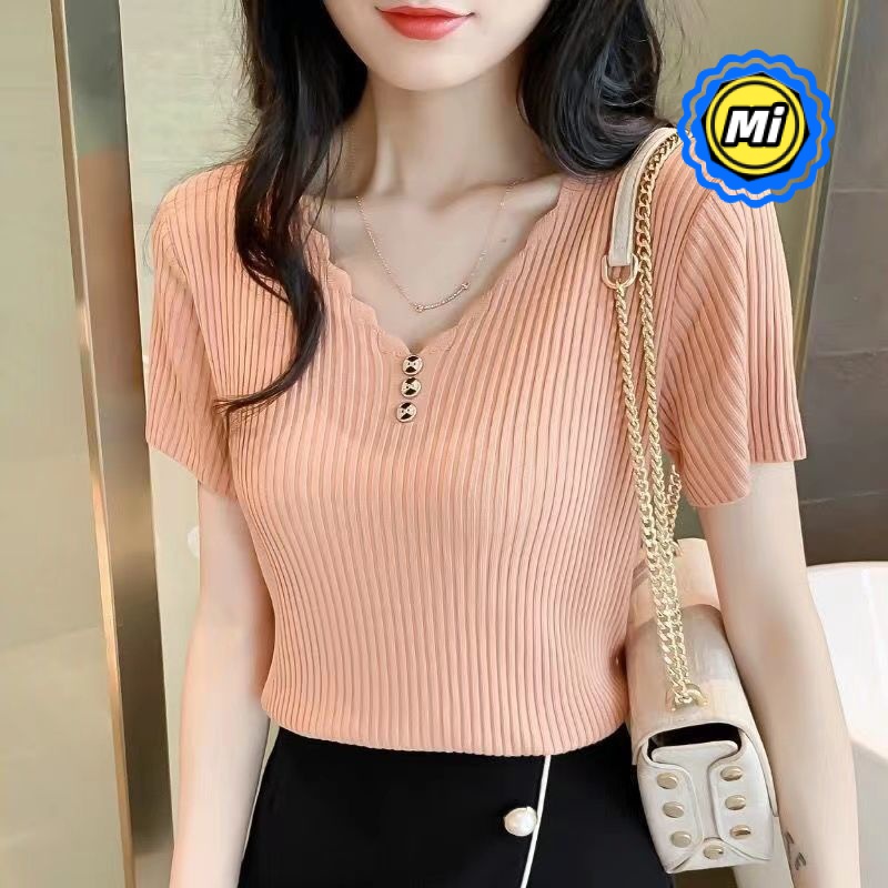 Áo Thun Lụa Lạnh Dệt Kim Tay Ngắn Dáng Rộng Cổ Chữ V Phong Cách Hàn Quốc Thời Trang Mùa Hè Cho Nữ