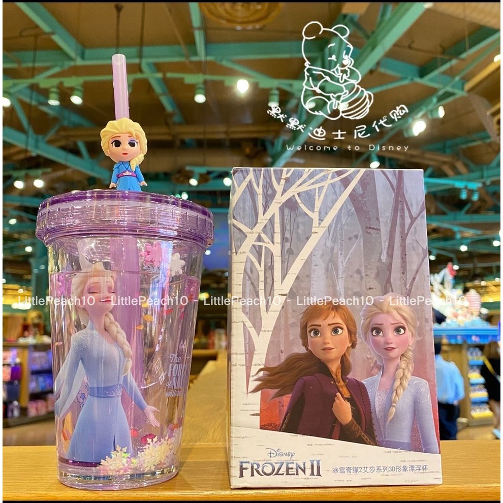 Ly nước Disney trong suốt 2 lớp kim tuyến rơi có ống hút hình Elsa Olaf Mickey Ariel Car 3D cho bé