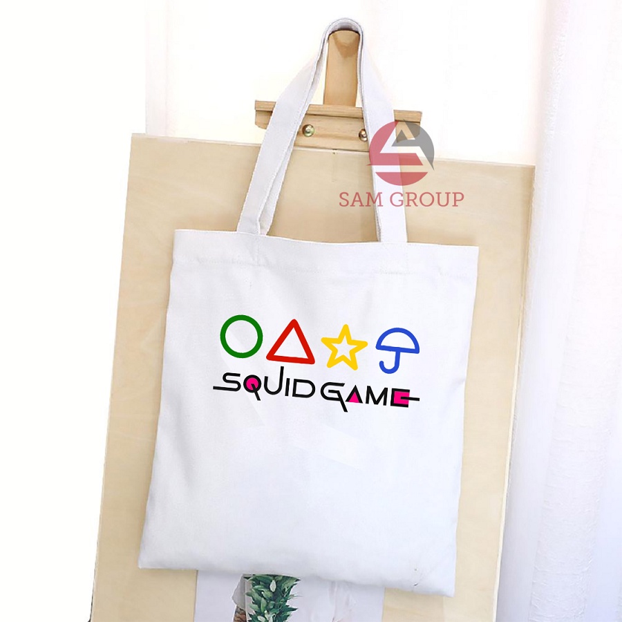 Túi tote đeo vai đựng đồ vải canvas đi học đi làm in hình squid game trò chơi con mực siêu cá tính