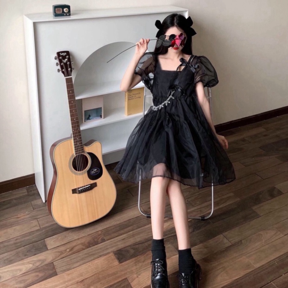 HOT HOT 💃 Đầm Babydoll Nữ Cổ Vuông Tay Bồng Vải Voan Kính 2 Màu Đ19 NEW loại tốt | BigBuy360 - bigbuy360.vn