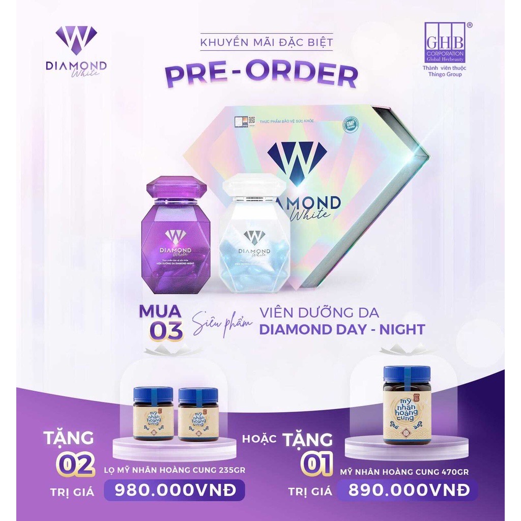 Viên Uống Trắng Sáng Da Diamond White, Siêu Dưỡng Chuyên Sâu, Trắng Gấp 3, Mờ Nám, Tàn Nhang, D