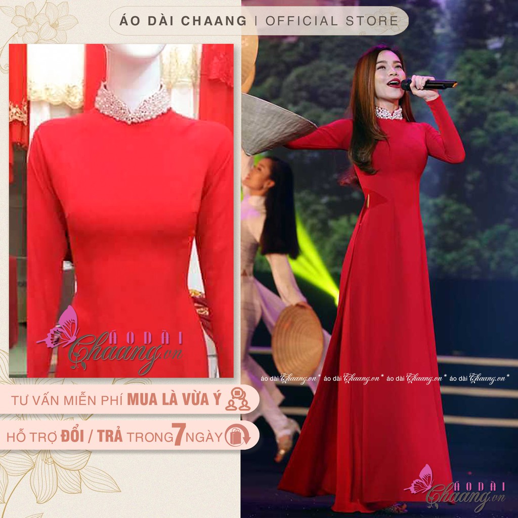 Áo Dài Đỏ Truyền Thống May Sẵn Thiết Kế Đính Tủa Cổ Phủ Ngọc Đẹp Cao Cấp
