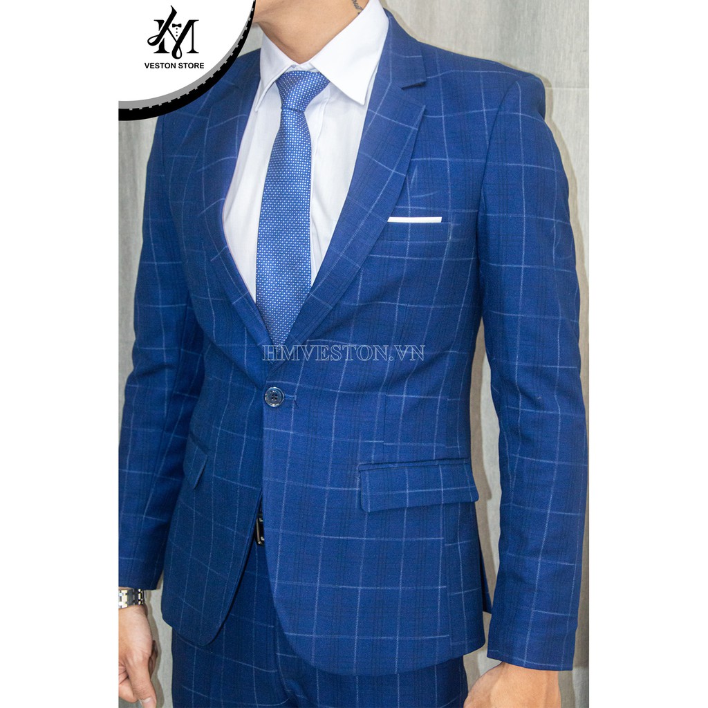 Bộ vest nam màu xanh sọc ca rô cao cấp tặng kèm combo phụ kiện