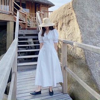 Đầm midi, váy maxi trắng viền chỉ đen form dài (kèm hình thật)