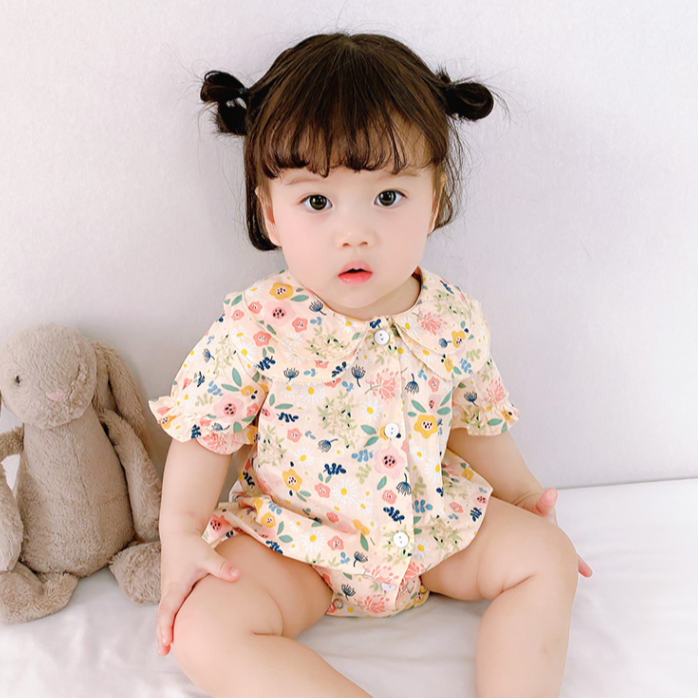 Áo Liền Quần Tay Ngắn Hoạ Tiết Hoa Đáng Yêu Cho Bé Gái 0-24 Tháng Tuổi