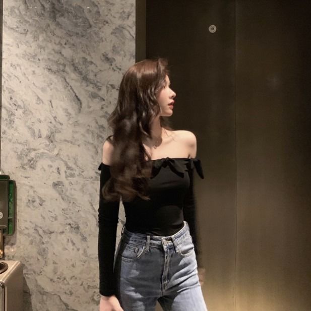 Áo thun COZOK nữ tay dài trễ vai đính nơ thời trang