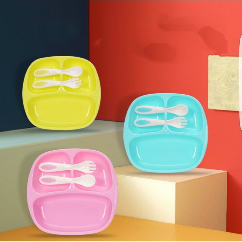 Khay ăn dặm 3 ngăn Babuu kèm thìa dĩa co bé