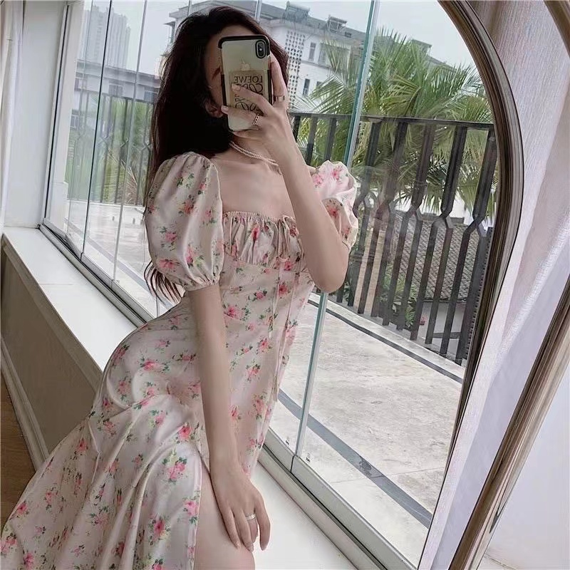 Đầm Ngắn Tay Phồng Xếp Ly In Họa Tiết Hoa Thanh Lịch Quyến Rũ Phong Cách Hàn Quốc Dành Cho Nữ
