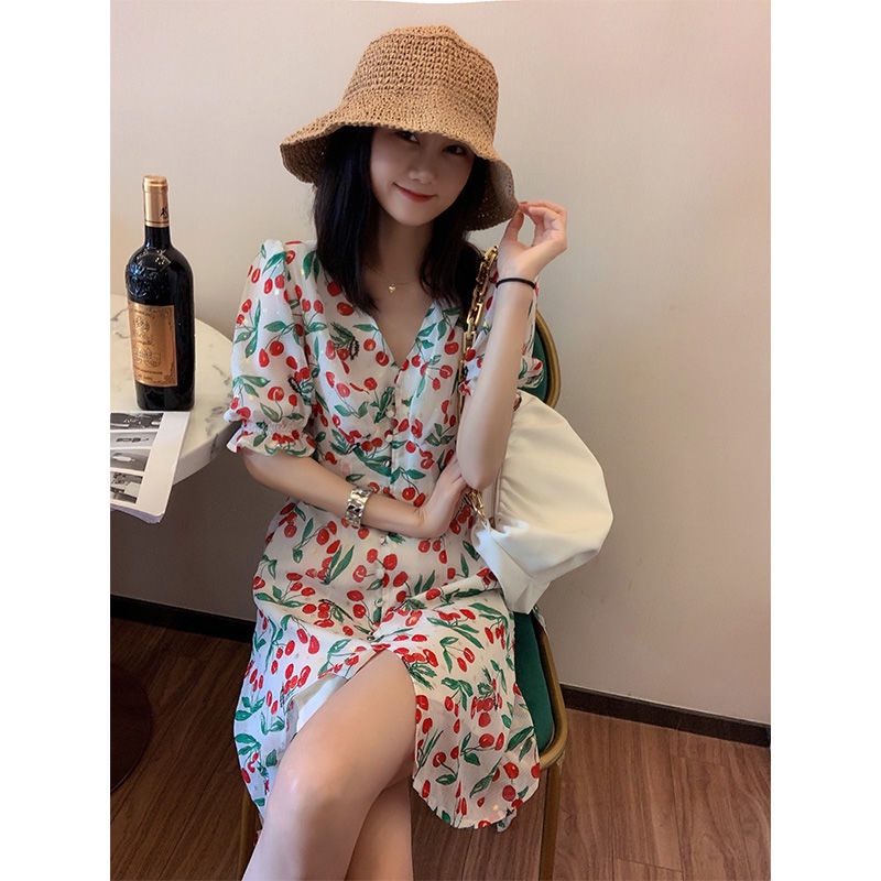 Đầm Maxi Chiffon Tay Phồng Họa Tiết Hoa Phong Cách Pháp Ngọt Ngào Cho Nữ