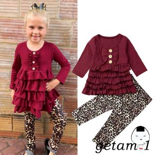 ✨WBB-Baby Girl Clothes Long Sleeve Ruffle Tops Leopard Trousers Set