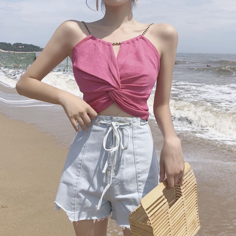 Áo Dệt Kim Hai Dây Hở Lưng Màu Trơn Thời Trang Mùa Hè Dành Cho Nữ