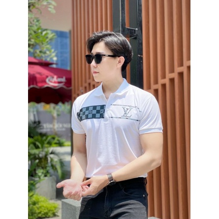 Áo thun polo nam nữ cổ trụ tay ngắn phối ngực họa tiết ngang LV caro, áo chất cotton thoáng mát thời trang hè hot trend