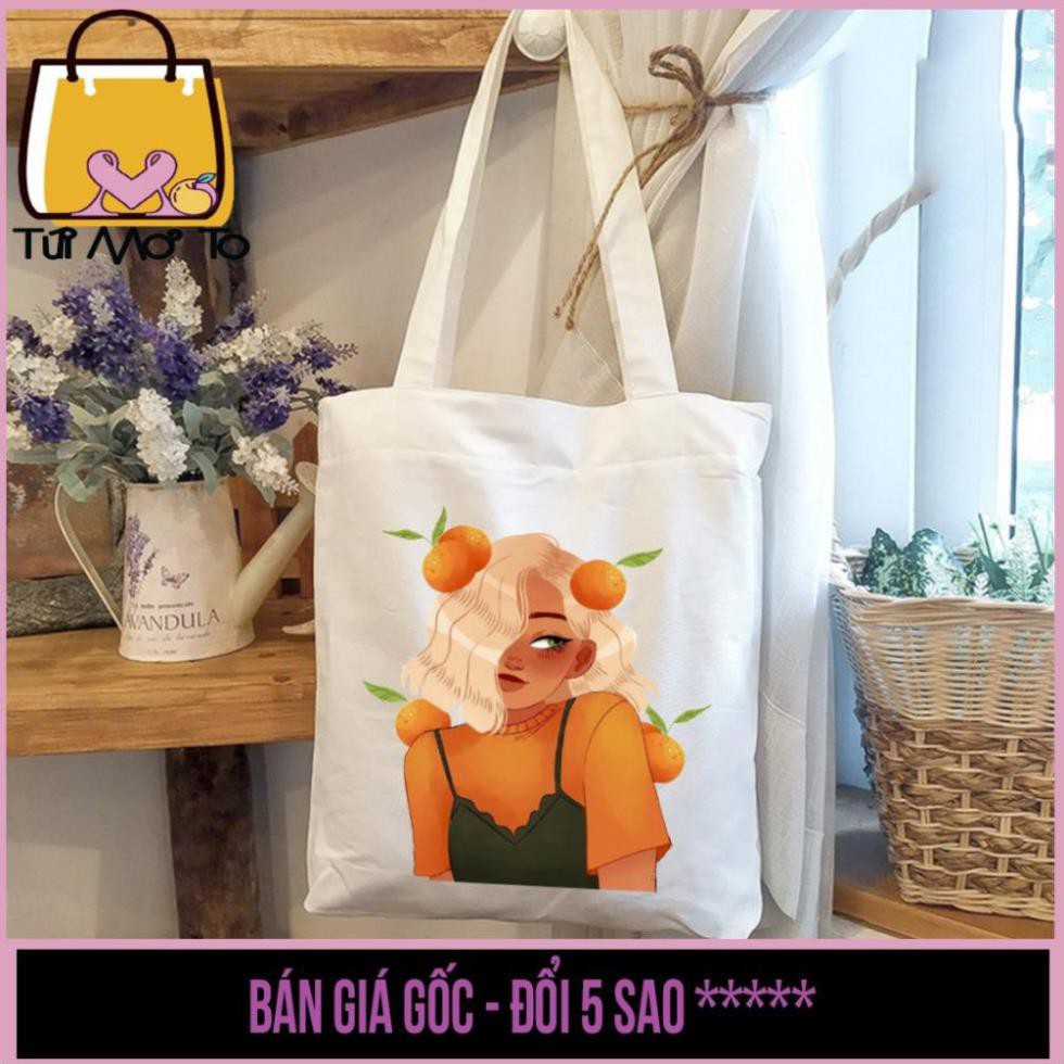 Úi tote, túi vải canvas VUÔNG, có khóa kéo in hình Cô Gái TÓC NGẮN - Túi Mơ Tro store