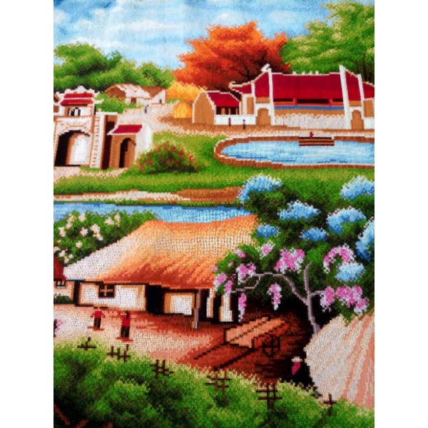 Tranh thêu thành phẩm Cây đa, giếng nước, sân đình